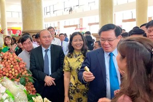 政府副總理王廷惠（前右二）在經濟論壇場外參觀北江省推介的各種農產品。（圖源：誠鐘）