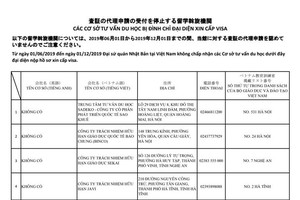 圖為日本駐越南大使館關於不接收11個留學諮詢單位代表申辦簽證卷宗事宜的通知。（圖源：日本駐越南大使館）