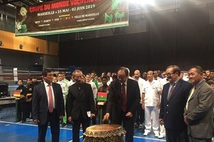 越南駐法國大使阮涉代表賽事組委會擊鼓開賽。（圖源：互聯網）