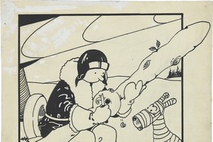 畫中丁丁的忠實夥伴狗狗“伴米路”從頭到腳都綁著繃帶，坐在一旁觀看。（圖源：AFP）