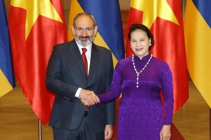 國會主席阮氏金銀（右）會見亞美尼亞共和國總理尼古爾‧帕希尼安。（圖源：VGP）