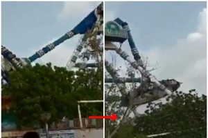 機動遊戲原本正常運作（左圖），其主軸突然斷開（右圖）。（圖源：互聯網）