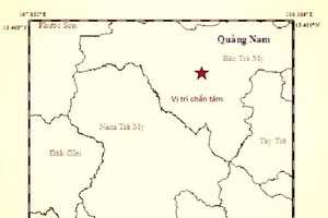 昨(18)日中午12時20分，廣南省北茶眉縣已發生一場里氏3.8級的地震。圖中星號表示震中位置。（圖源：地球物理院）