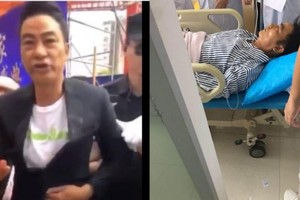 左圖：任達華在中山出席活動時被狂徒刺傷腹部。右圖：任達華獲送院救治。（圖源：互聯網）