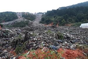 甘莉丘頂垃圾場的數百噸垃圾坍塌滑下山谷，將底下許多農作物掩埋。（圖源：林園）