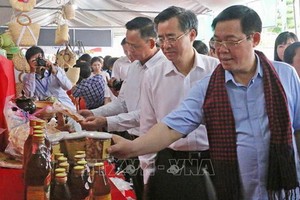 政府副總理王廷惠參觀會議廳外所陳列的農產。（圖源：越通社）