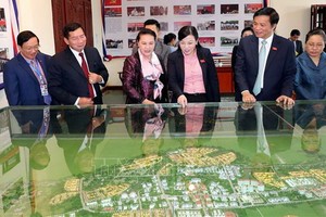 國會主席阮氏金銀（左三）參觀萬象省基礎設施發展模式。（圖源：越通社）