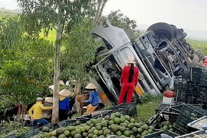 村民幫助司機撿拾散落在地面上的水果。