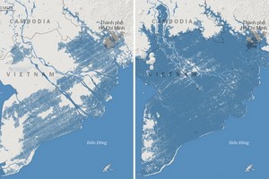 左圖顯示早些時候對2050年淹沒陸地的預測。但新的前景，也就是右圖所示，我國南部的低處將在漲潮時被淹沒，包括胡志明市的大部分地區。（圖源：Climate Central）
