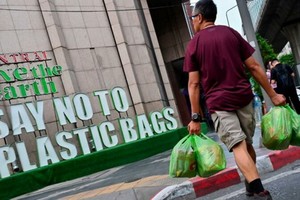 圖為 2019年8月13日，曼谷一家百貨公司門外一個標語，宣傳無塑料袋的購物體驗。（圖源：AFP）