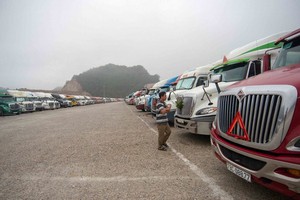 數百輛運載農產品的集裝箱大貨車在北方越中邊境口岸附近滯留多天等待通關。（圖源：TTO）