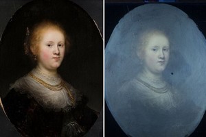 專家透視原畫作(左圖)表面的顏料，發現下面另有一層繪畫筆法與倫勃朗一致的顏料(右圖)。（圖源：互聯網）