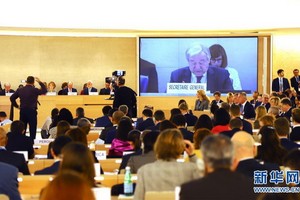 2月24日，在瑞士日內瓦，聯合國秘書長古特雷斯在聯合國人權理事會第43次會議上講話。（圖源：新華社）