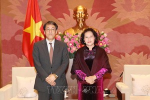 國會主席阮氏金銀（右）接見日本駐越南大使梅田邦夫。（圖源：越通社）