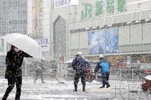 受太平洋沿岸推進的南岸低氣壓和春季罕見的強冷空氣影響，日本關東甲信地區各地29日出現降雪。（圖源：共同社）