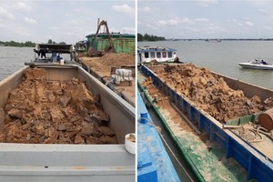 被扣留的疑非法採黏土駁船。（圖源：黎雄）