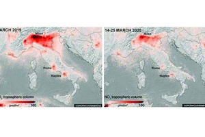 以歐洲疫情最嚴重的意大利北部地方為例，二氧化氮濃度較去年同期出現明顯下降。（圖源：COPERNICUS/KNMI/ESA）