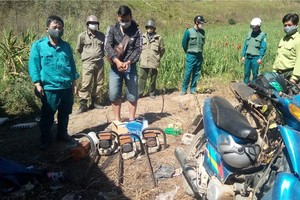 大勒市職能力量現場人贓並獲黎黃明通（前左二）盜砍樹林及手提鋸木機。（圖源：膽仲）