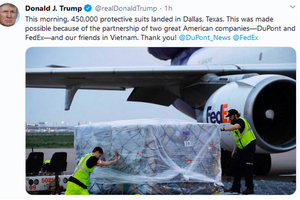 特朗普在推特上感謝越美合作應對新冠肺炎。（圖源：推特）