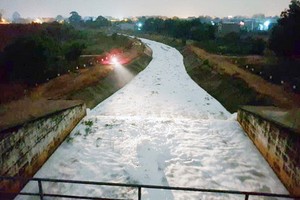 大雨過後，市溪漂滿白色泡沫。