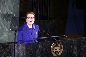 2019年11月20日，在位於紐約的聯合國總部，聯合國兒童基金會（兒基會）執行主任亨麗埃塔·福爾在聯大舉行的紀念《兒童權利公約》通過30週年高級別會議上講話。（圖源：新華社）