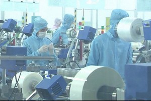 太原省Samju Vina公司的工人們在上班期間都佩戴口罩，經常洗手消毒。