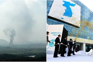 朝邊境傳出巨響爆炸聲並冒出白煙（左圖）。二〇一八年九月韓與朝首個聯絡辦公室揭幕。（圖源：互聯網）