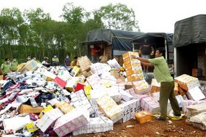 職能力量將被查獲的大量私貨集中堆放在同納垃圾場進行銷毀。（圖源：越通社）