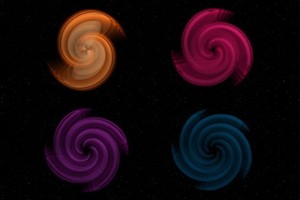 圖中是藝術家描繪的兩個黑洞，一個比另一個品質大9倍，它們螺旋狀地相互撞擊。（圖源：互聯網）