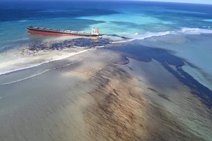 一艘運輸鐵礦石的散貨船7月25日在毛里求斯觸礁，8月6日，毛里求斯海面出現大面積燃油泄漏。（圖源：互聯網）