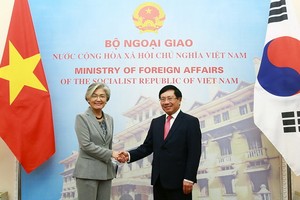 政府副總理、外交部長范平明（右）與韓國外交部部長康京和舉行會談。（圖源：海明）