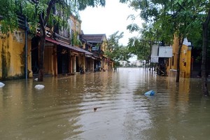 截至昨日下午2時，會安古埠多條街道一片汪洋。（圖源：光律）