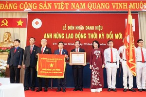 國家副主席鄧氏玉盛（右四）向115人民醫院頒授錦旗和革新時期勞動英雄稱號。（圖源：清光）