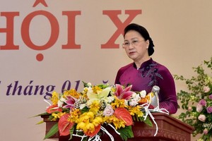 國會主席阮氏金銀在會上致詞。（圖源：林顯） 