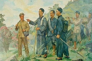 這幅畫描繪了胡志明主席在奔波海外尋找救國道路30年之後，1941年1月28日，回國就落腳在高平省河廣縣長河鄉北坡村並在這裡直接領導越南革命。（圖源：Hochiminh.vn）