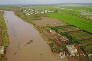 據朝鮮中央電視台2020年8月7日報道，黃海北道一帶的農田遭受水災侵襲。（圖源：韓聯社）