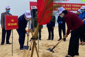 國家副主席阮氏玉盛（右）同廣平省領導在沙灘上栽植防風樹種。（圖源：人民報）