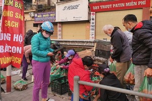 2月21日早7時許，眾多河內市民響應“為海陽農產品解困行動”而前到解放街38號購買西紅柿及其它果蔬。（圖源：德明）