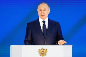 當地時間4月21日，俄羅斯總統普京向俄聯邦會議發表國情諮文。（圖源：AP）