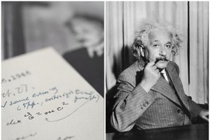 愛因斯坦（右圖）在信件寫下公式（左圖）。（圖源：互聯網）