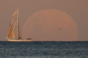 超級血月：圖為5月26日，月亮從澳大利亞悉尼遠處海邊漸漸升起。（圖源：AP）