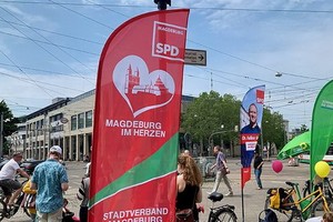 圖為6月5日下午，薩安州州府馬格德堡街頭的社民黨選舉宣傳點。（圖源：互聯網）