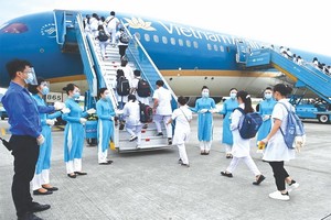 海陽省300名講師、大學生乘坐越航前來本市。