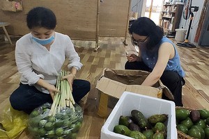 阮氏清翠會長(左)與薇楊會員準備向受疫情影響的貧戶提供食品。