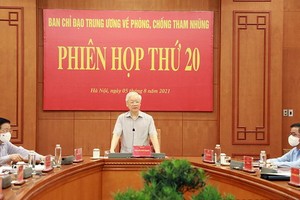 2021年8月5日，阮富仲總書記在中央肅貪指委會第20次會議上發表重要講話。（圖源：Noichinh.vn）