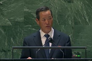 朝常駐聯合國代表在聯大會講話時籲美放棄敵朝政策。（圖源：韓聯社）