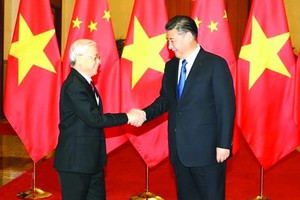 中國總書記、國家主席習近平於 2017 年迎接來訪的黨中央總書記阮富仲。（圖源：越通社）