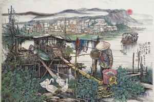 人民藝人張路作品《黎明雨霽，趕赴市集》。