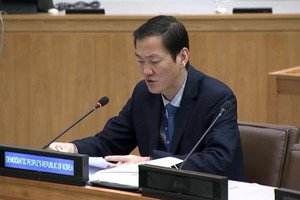 11月4日，朝鮮常駐聯合國代表團秘書金仁哲在第76屆聯合國大會第六委員會會議上發言。 （圖源：韓聯社）