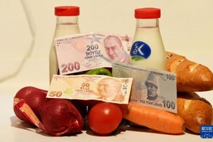 這是12月17日在土耳其伊斯坦布爾拍攝的土耳其裡拉和食品。（圖：新華社）